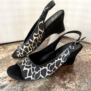 African print sling shoes! Black wedge measures 2 1/2 inches! A2 by Aerosoles